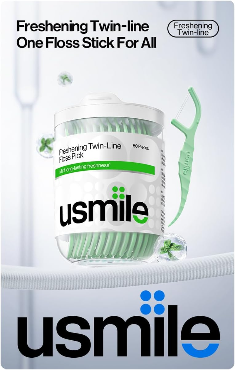 Usmile Twin-Line Floss Picks, 50 Count, Mint Fresh, Gentle on Gums, Long-Lasting Clean, Dental Floss Sticks for Daily Oral Care