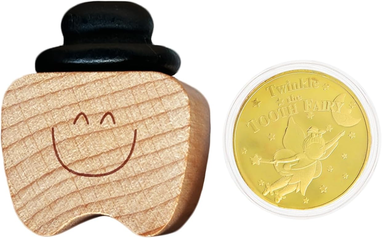 Fenikle Tooth Fairy Box, Cute Teeth Shape Wooden Box with High-Quality Tooth Fairy Coin and Encouragement Cards. Tooth Keepsake Box for Kids&rsquo; Lost Teeth. Best Baby Gifts for Boys and Girls. image number 4