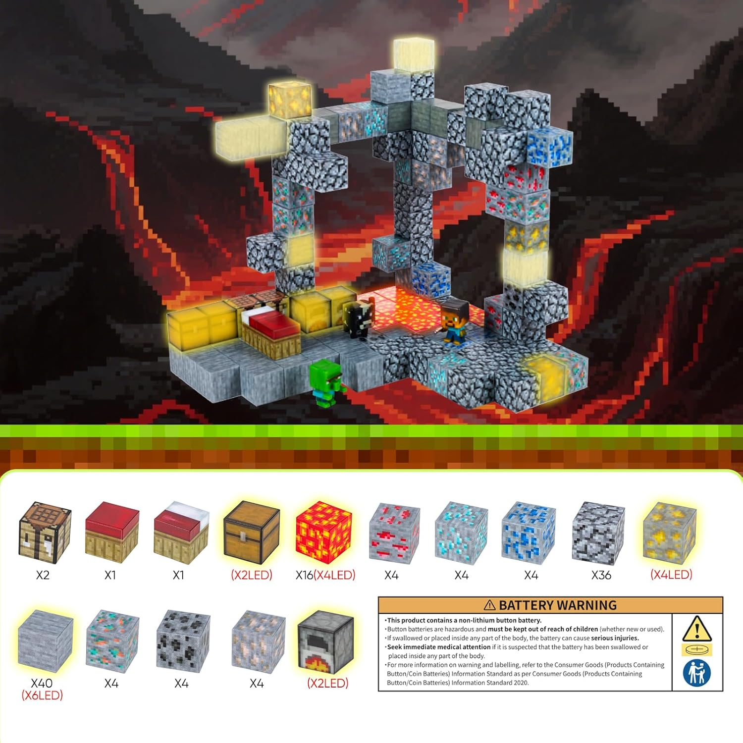 Ejo World 128-Piece LED Magnetic Building Blocks &ndash; Lava & Volcano Adventure Set with 18 Light-Up Pieces, Sensory STEM Learning Magnet Toys for Boys & Girls Ages 3+, Creative Construction Kit image number 2