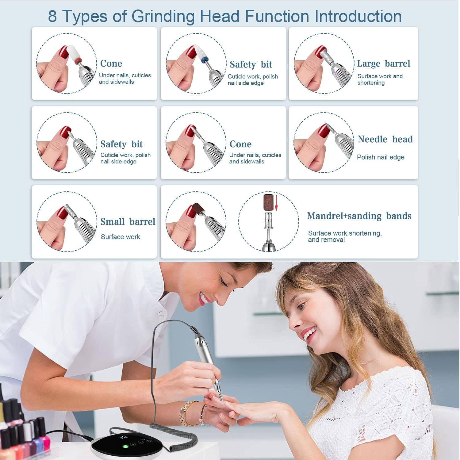 ENGERWALL Electric Nail Drill 35000 RPM, Professional Low Noise Low Vibration Low Heat Electric Nail Files with Touch Buttons, Nail Drill for Acrylic Nails and Gel Nails, for Salon and DIY Use image number 4