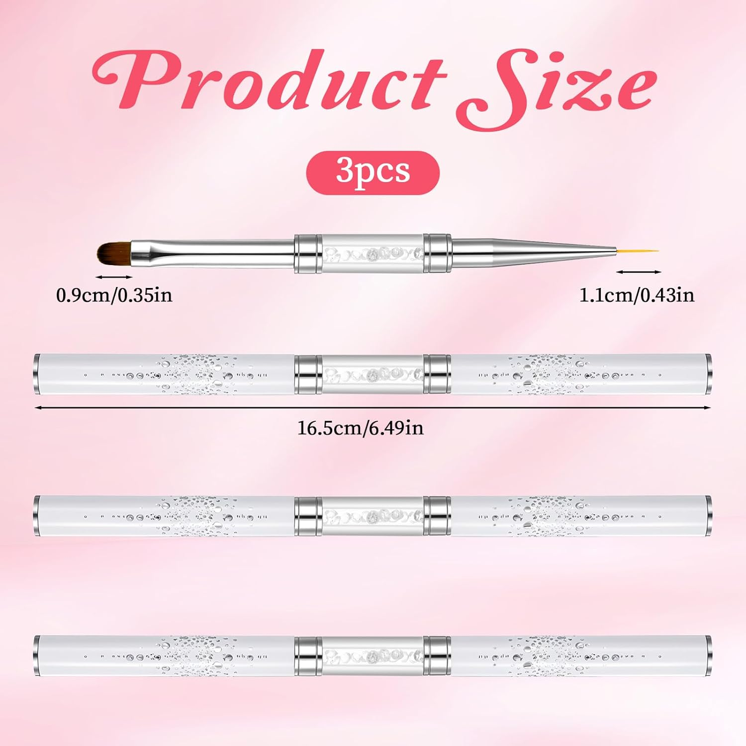 LXUEJIE 3 Pcs Double Ended French Tip Brush Hard Gel, Nail Builder Gel Brush, Liner for Design Nail Liner Brushes Rhinestone Handle French Tip Drawing Brushes for Design image number 4
