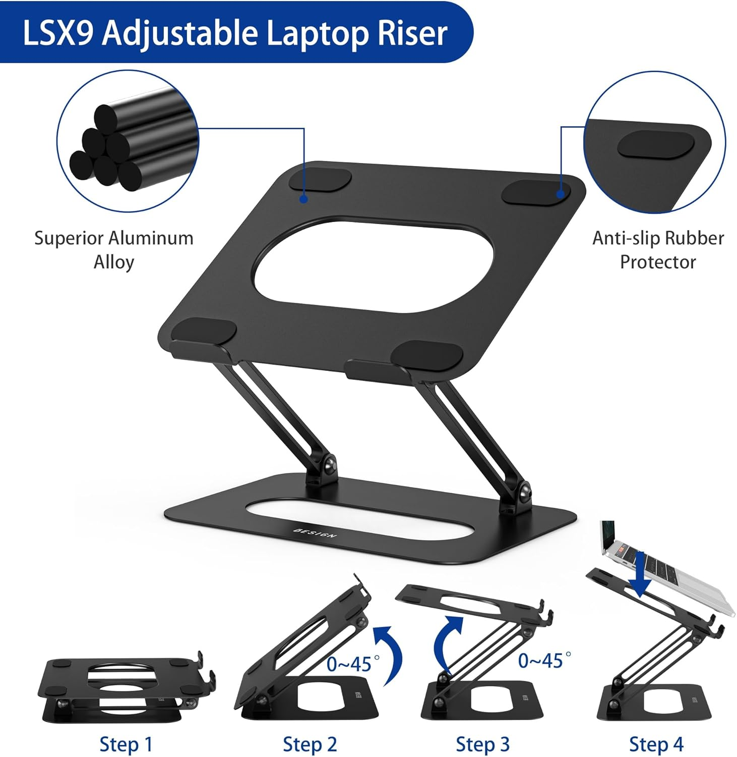 BESIGN LSX9 Laptop Stand, Ergonomic Adjustable Notebook Stand, Riser Holder Computer Stand Compatible with Air, Pro, Dell, HP, Lenovo More 10-14" Laptops, Black