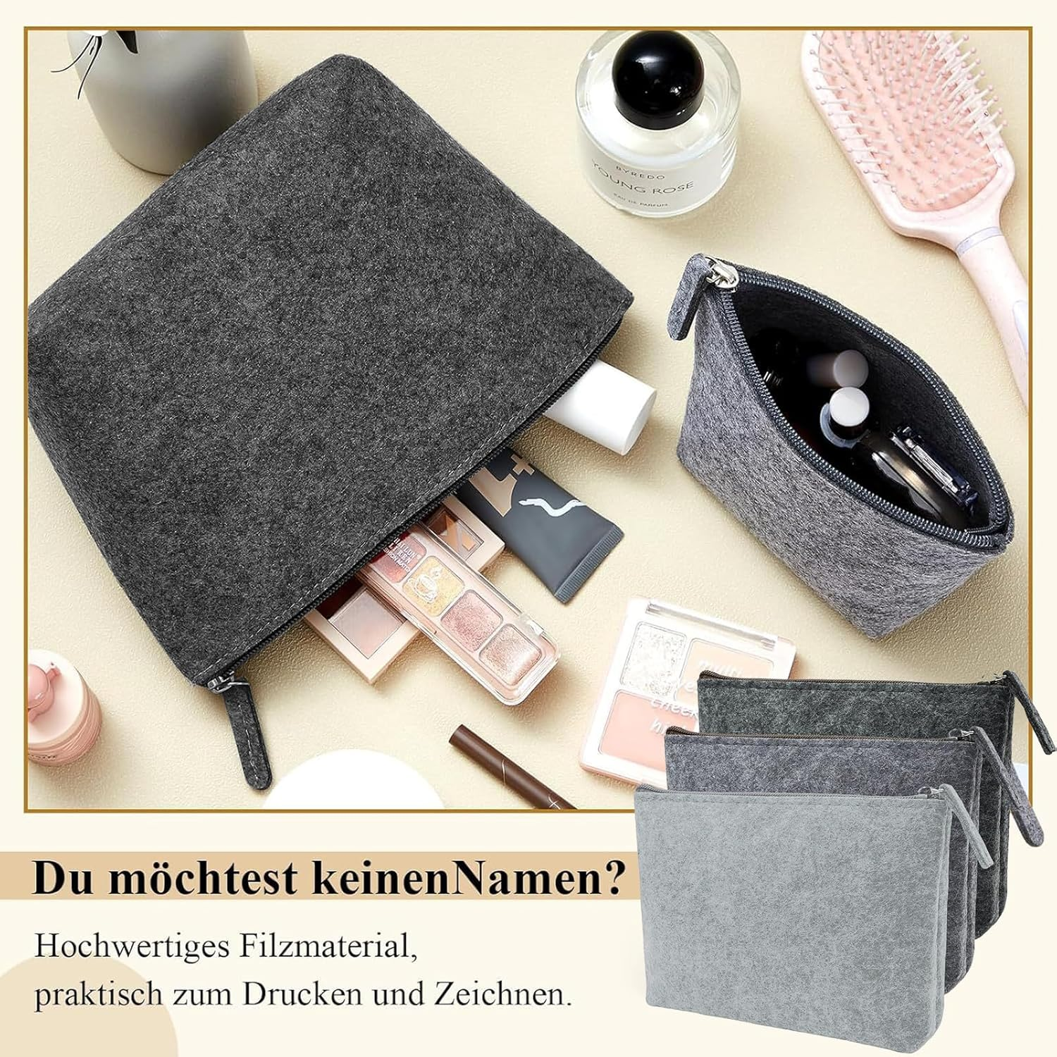 Hshenjhu Set of 3 Felt Cosmetic Bags for Plotting 20 X 16 Cm Portable Cosmetic Bag Organiser, Felt Pencil Case, Ideal Travel and Storage Storage Bags, Gray image number 1