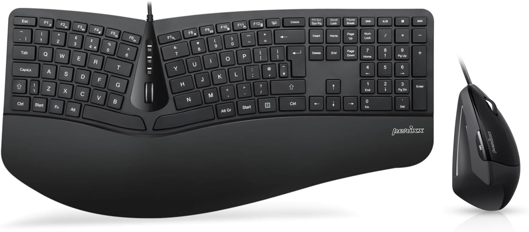 Perixx Periduo-605, Wireless Ergonomic Split Keyboard and Vertical Mouse Combo, Adjustable Palm Rest and Membrane Low Profile Keys, UK QWERTY