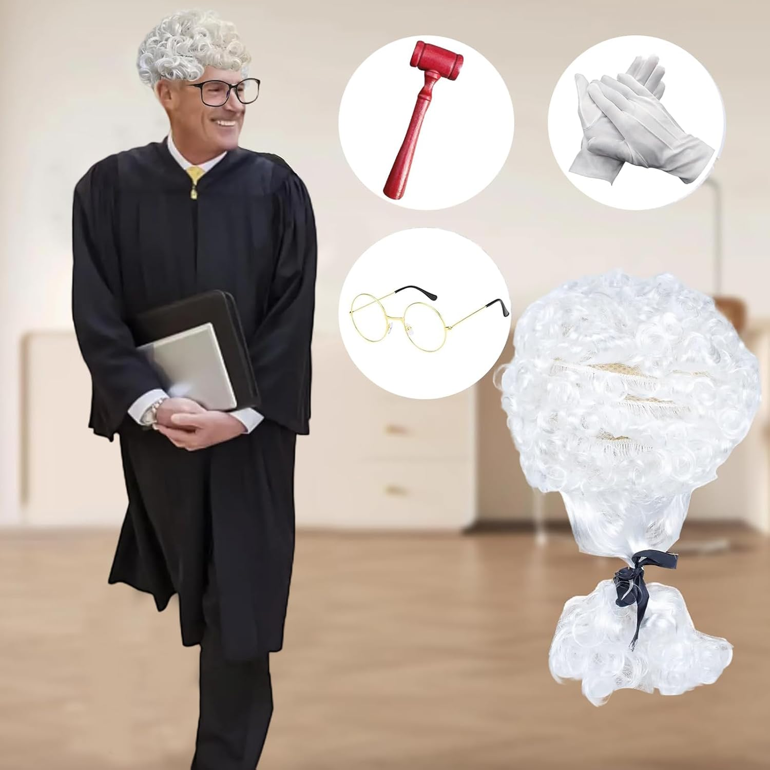 4Pcs Judge Court Lawyer Costume Accessories Wig, Wave Hairpiece,Halloween Makeup,Fancy Costumes, Role-Playing(White)