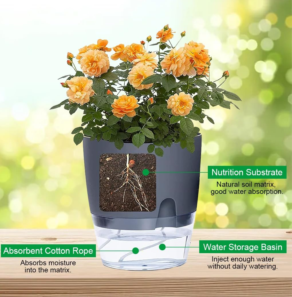 Self Watering Planter Pots for Indoor Plants, 3 Pack African Violet Pots, Succulents, Herbs with Wick Rope (Grey, 13.8X10.5Cm)