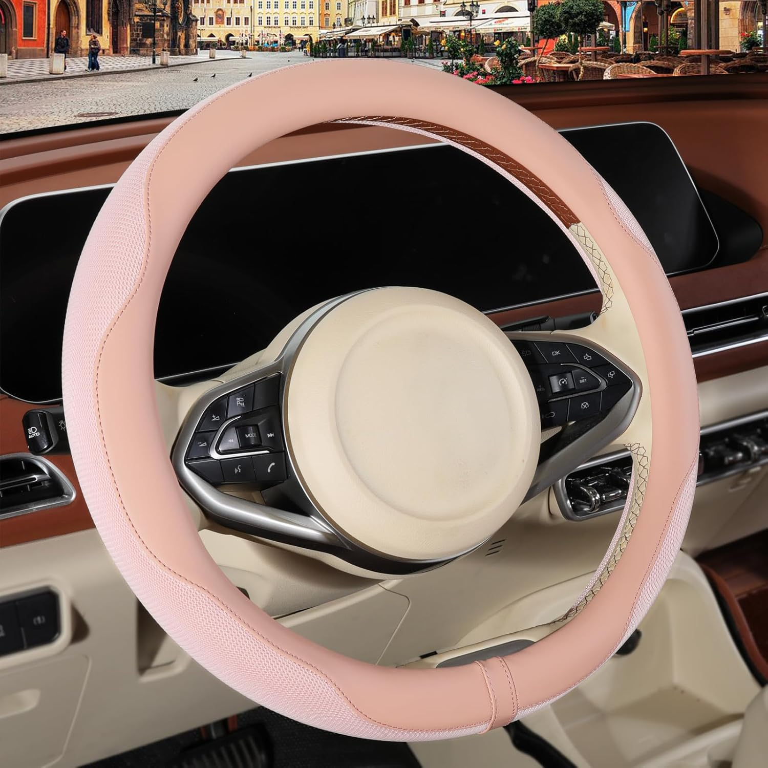 Binsheo Nappa Leather Pink Steering Wheel Cover, Advanced Microfiber Leather Non-Slip Breathable Fabric, Warm in Winter and Cool in Summer, Universal 15 Inch