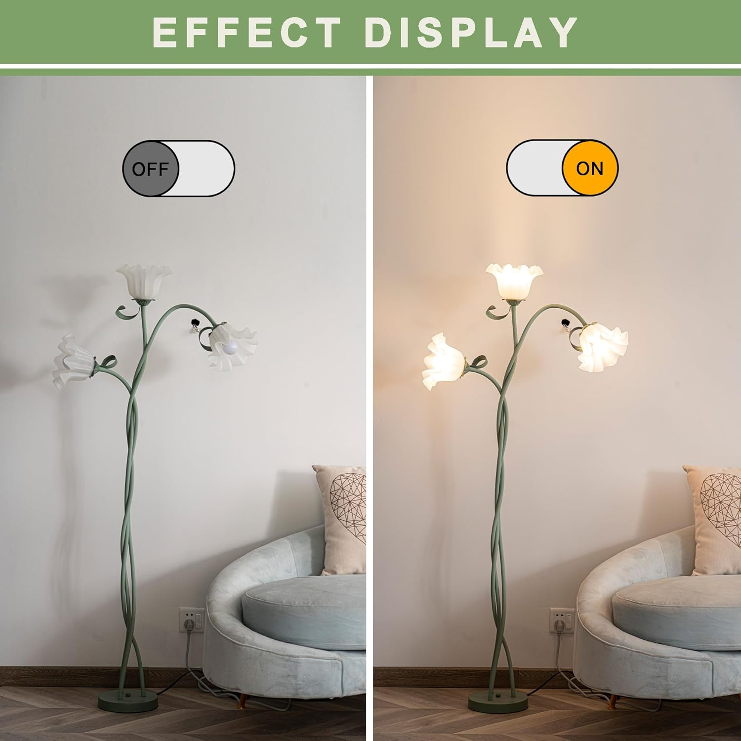 Green Floor Lamp - European DIY Iron Lamp with 3 Rotating Flowers, 170 Cm Modern Lamp, Suitable for Bedroom, Living Room, Study, Office, Includes 3 Bulbs image number 4