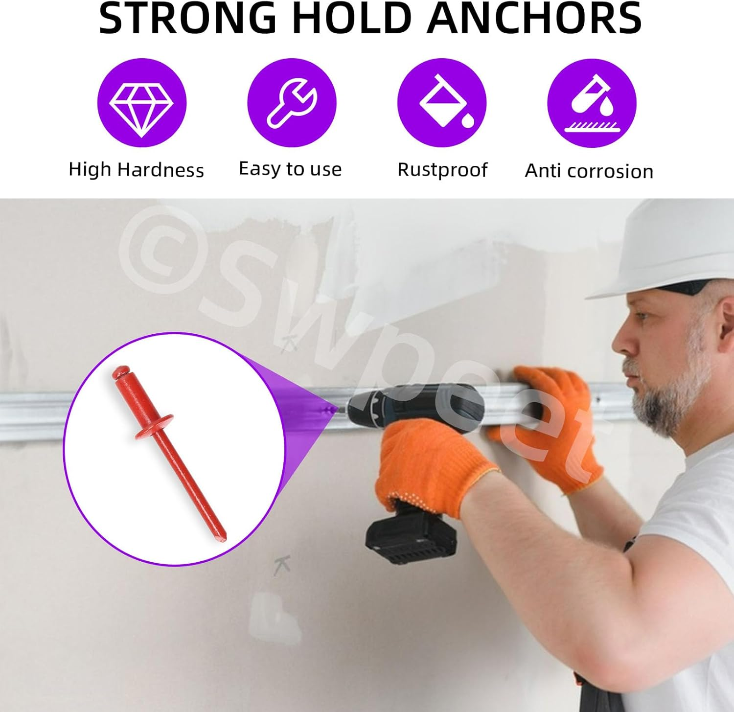 Swpeet 130Pcs 7 Sizes Red Large Flange Aluminum Blind Rivets Assortment Kit, Blind Pop Rivets Aluminum Grip and Steel Mandrel Blind Rivets for Metal, Furniture, Automotive - Red image number 3