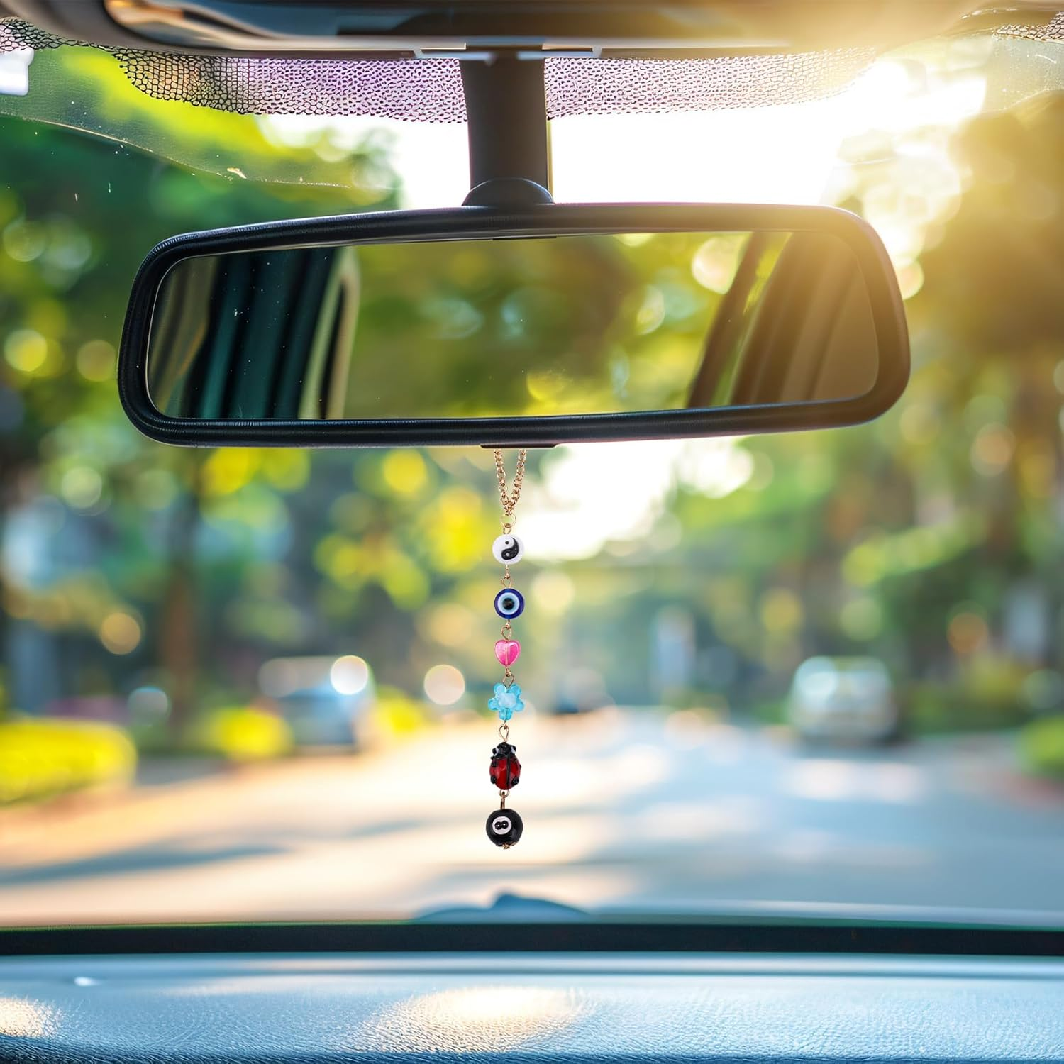 Gosknor Evil Eye Car Hanging Ornament, Multicolored Acrylic & Zinc Alloy, 20.5Cm/8.07In, Automotive inside Mirrors, Elegant Boho Beaded Lanyard Pendent Decoration image number 2