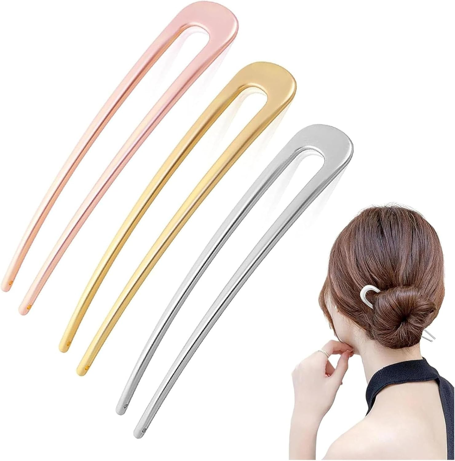 Pack of 3 U-Shaped Hair Pins, French Hairpin, 2 Prong Hair Bun Pins, Metal Hair Accessories, Hair Pin Hair Clip, Updo Hair Clips, Hair Styling Accessories for Women and Girls image number 5