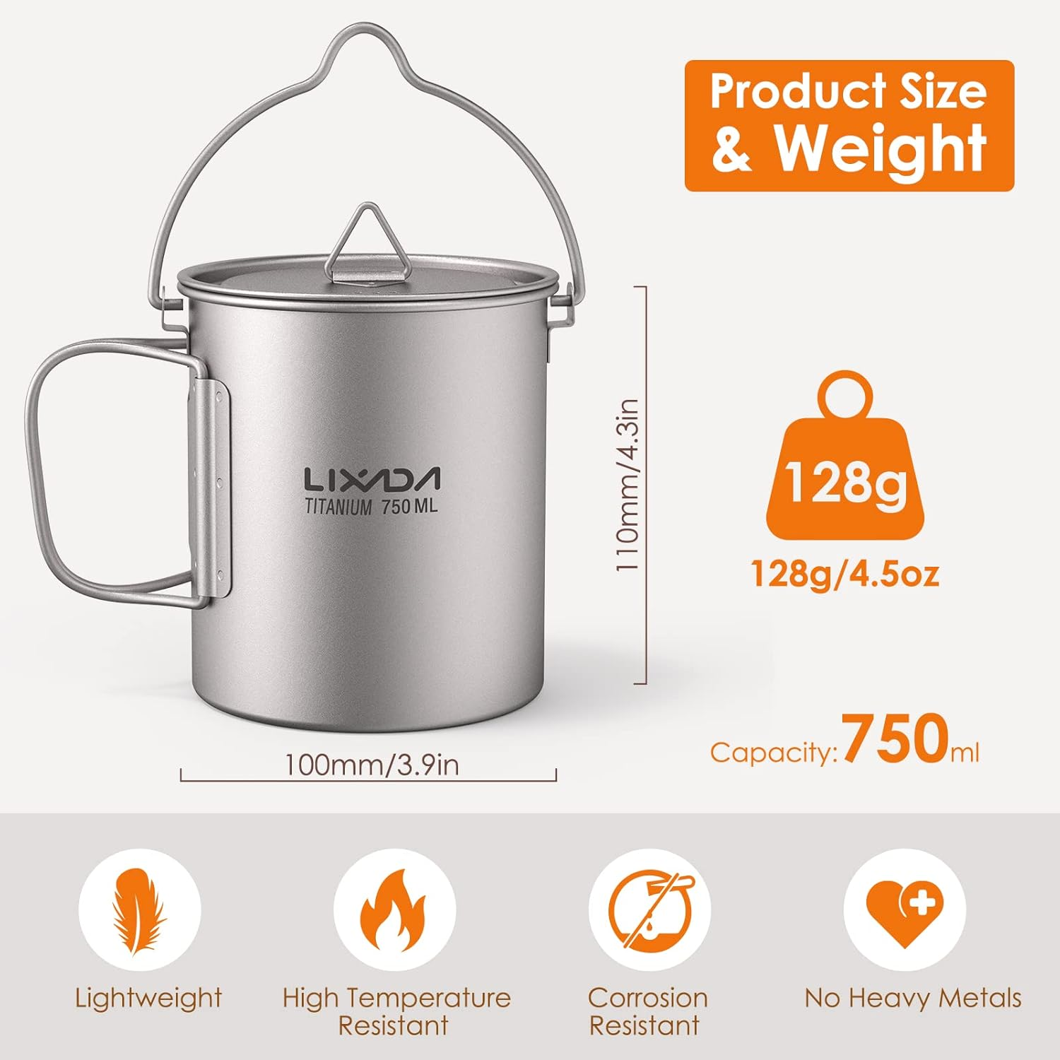 Light 750Ml Titanium Pot Portable Titanium Water Mug Cup with Lid and Foldable Handle Outdoor Camping Cooking Picnic
