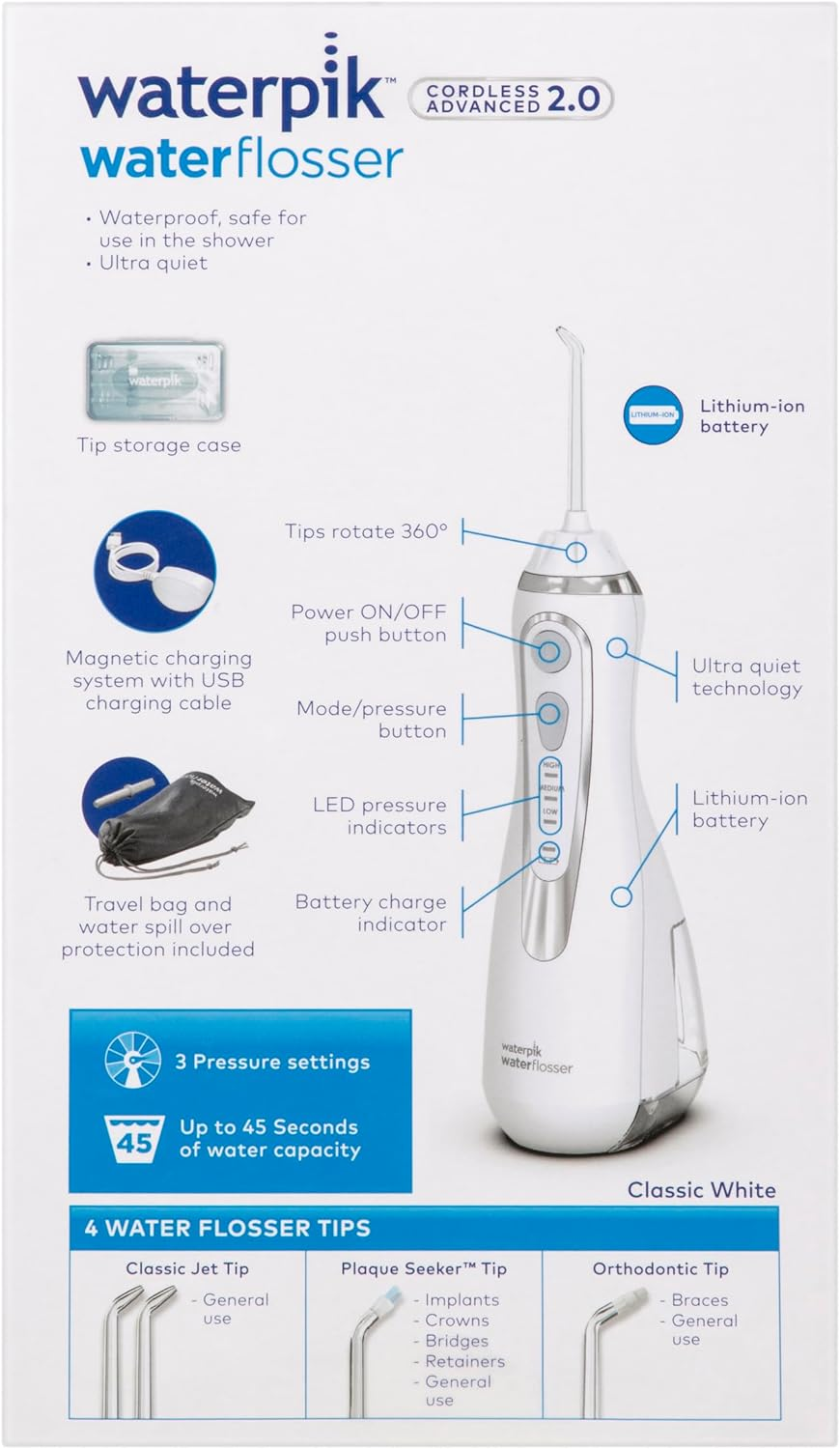 Waterpik Cordless Advanced Pro 2.0 Water Flosser - Ultra-Quiet, Waterproof & Rechargeable, 3 Pressure Settings, 360&deg; Tip Rotation, Ideal for Implants & Braces, 2-Year Warranty, White (WP-580A) image number 4