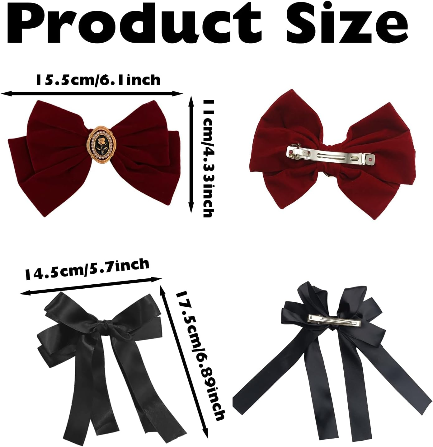 KASESSS 2 Velvet Hair Bow, 2 Silky Satin Hair Bow, Hair Bows for Women Girls, Red Black Bow Hair Clip, Vintage Bows for Hair, Big Bowknot Hairpin, Hair Bow Clip, Solid Color French Barrette Hair Clip image number 4