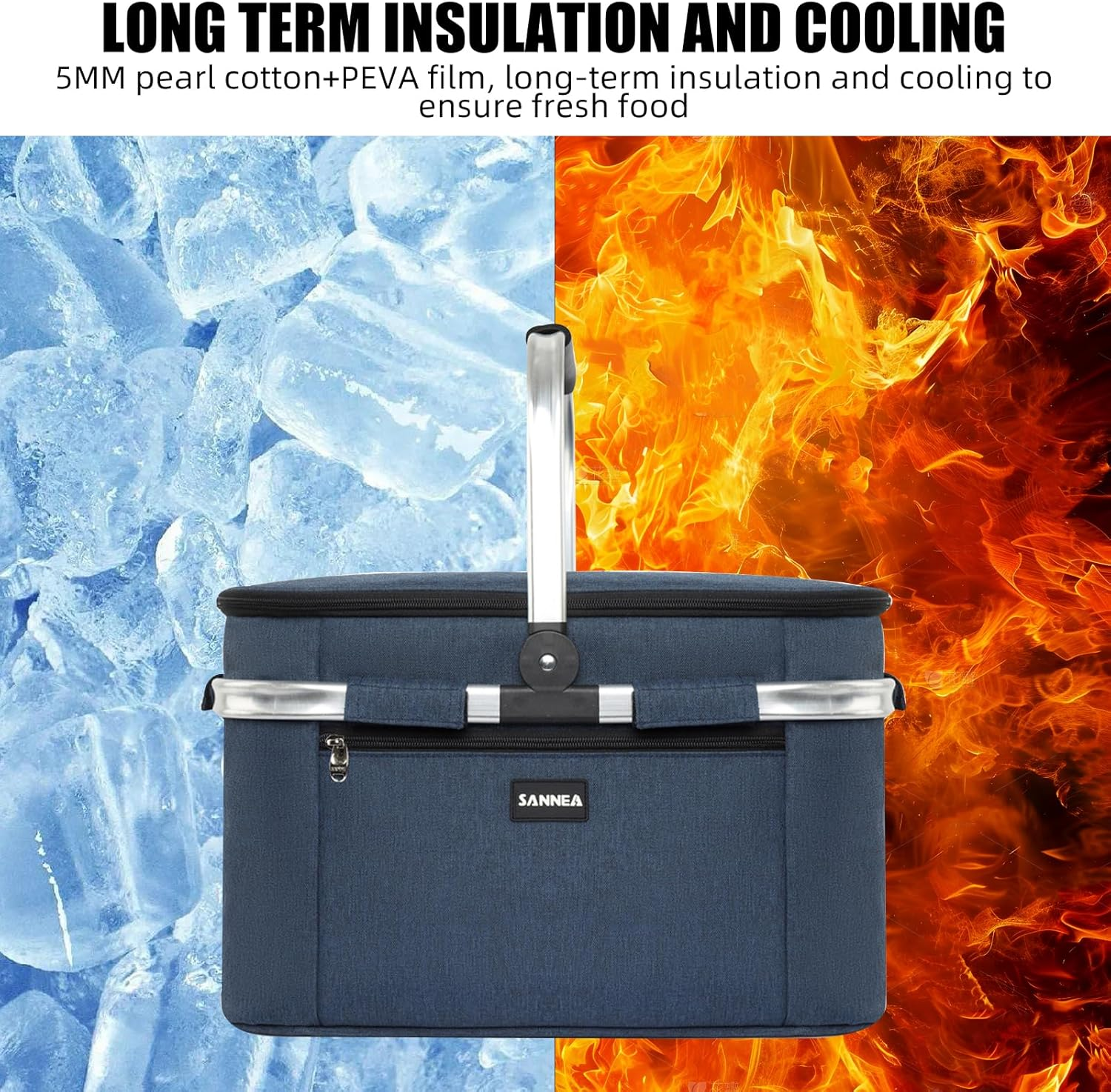 Large Insulated Picnic Basket, 29L Collapsible Cooler Tote with Handle and Lid, Reuasble Leakproof Thermal Shopping Travel Bag for Outdoor, BBQ, Camping, Delivery (Navy Blue) - Grey image number 7