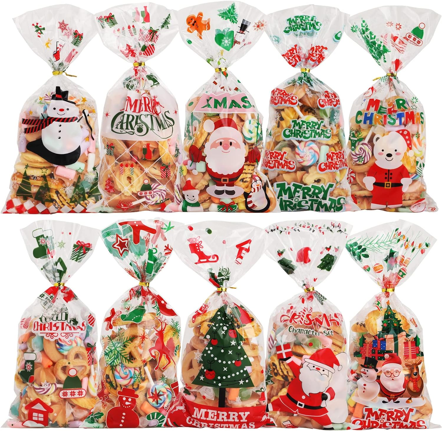 Geeric Xmas Candy Bags with Twist Tie - 100 PCS, 10 Different Designed Cellophane with Christmas Snowman, Tree, Santa Claus, Snowflake, Elk Print Pattern Cookie Bags