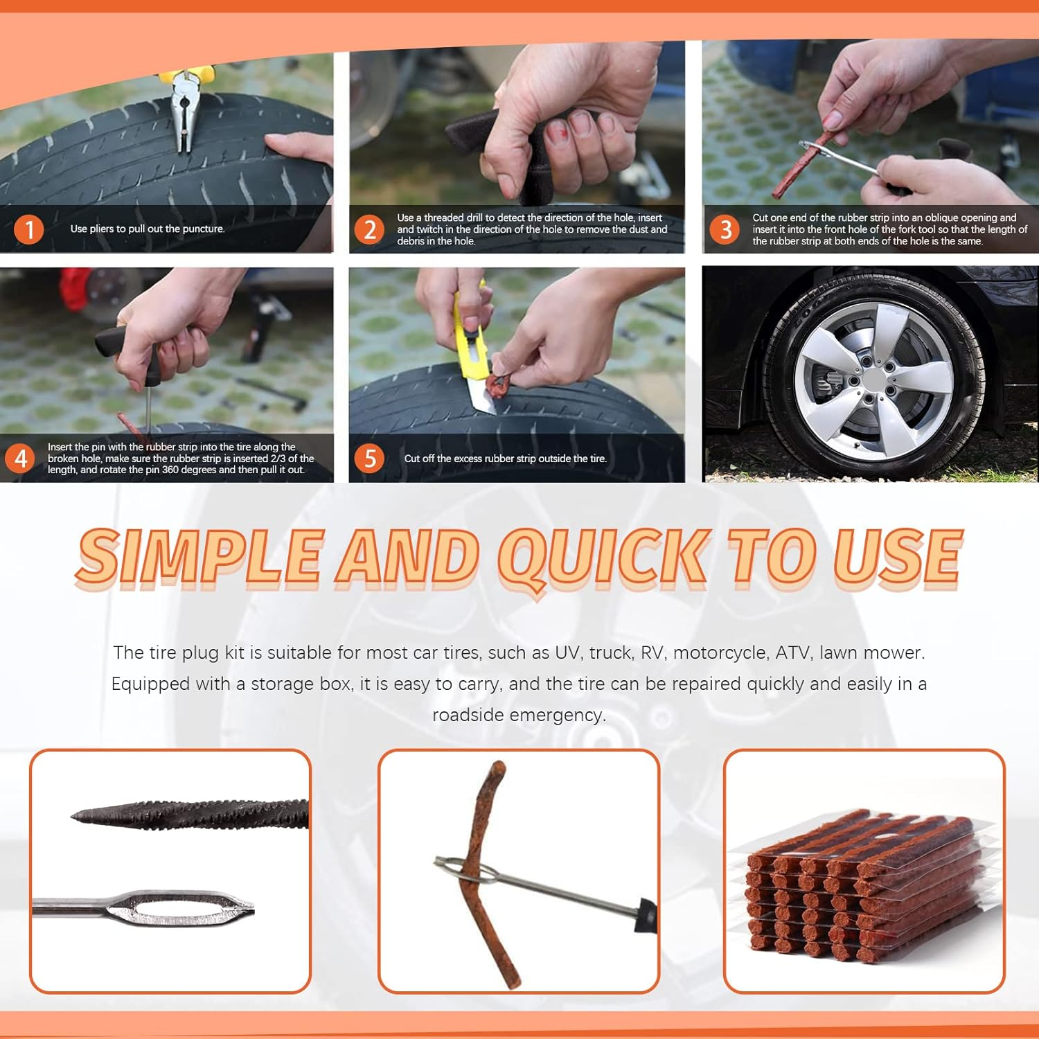 Tanstic 8Pcstire Repair Tools with Plugs Sets for Car, Truck, Motorcycle, ATV, RV, Tractor