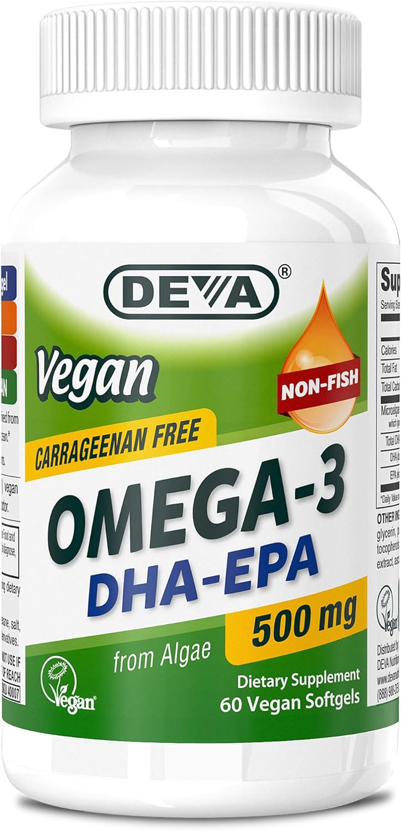 Deva Vegan Omega-3 DHA - EPA 500 Mg Potency - Carrageenan Free - Non Fish - from Algae - 60 Vegetarian/Vegan Softgels, Manufactured in the USA** image number 1