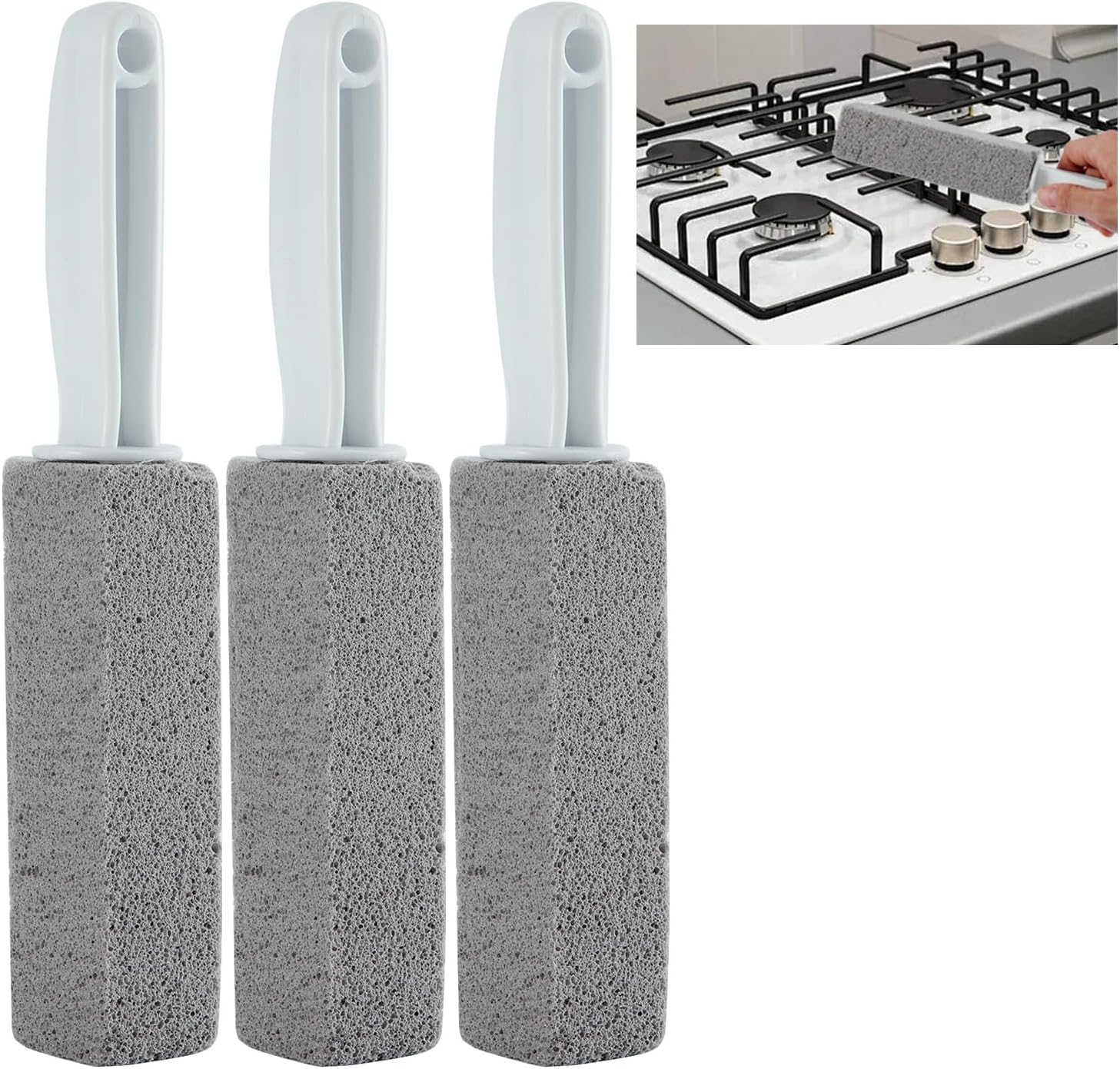 3 Pack Cleaning Pumice Stone for Gas Stove Grates & Top, Pumice Stone Cleaner for Oven with Extra Long Handle, Remove Water Rings and Stains image number 3