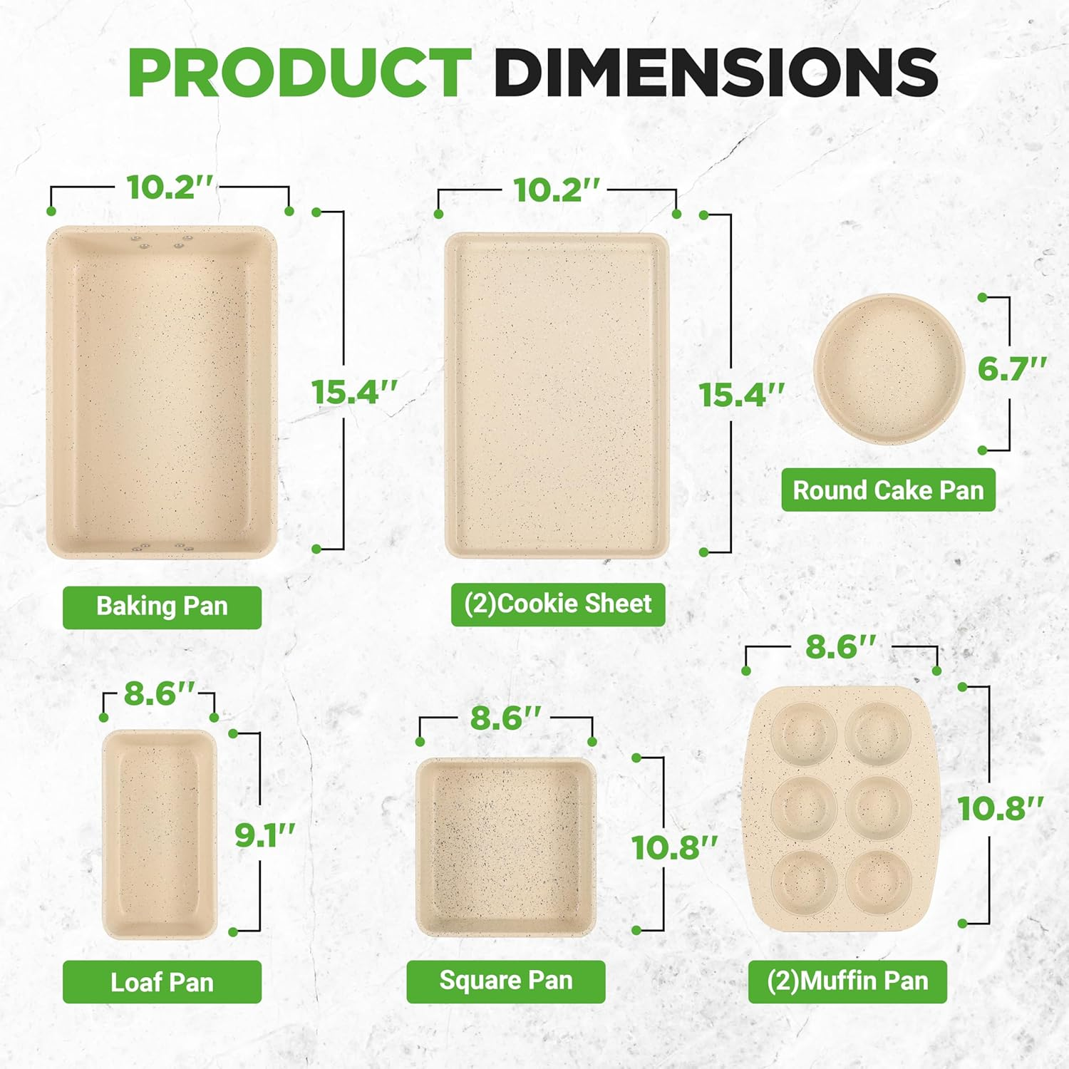 Nutrichef 8-Piece Stackable Bakeware Set, Carbon Steel Non-Stick Baking Pan Set, Includes Sheet, Muffin, Round, Loaf, Square Cake & Deep Pans, PFOA & PFOS Free, Oven Safe to 232&deg; F (Marble Cream) - Black Marble image number 5