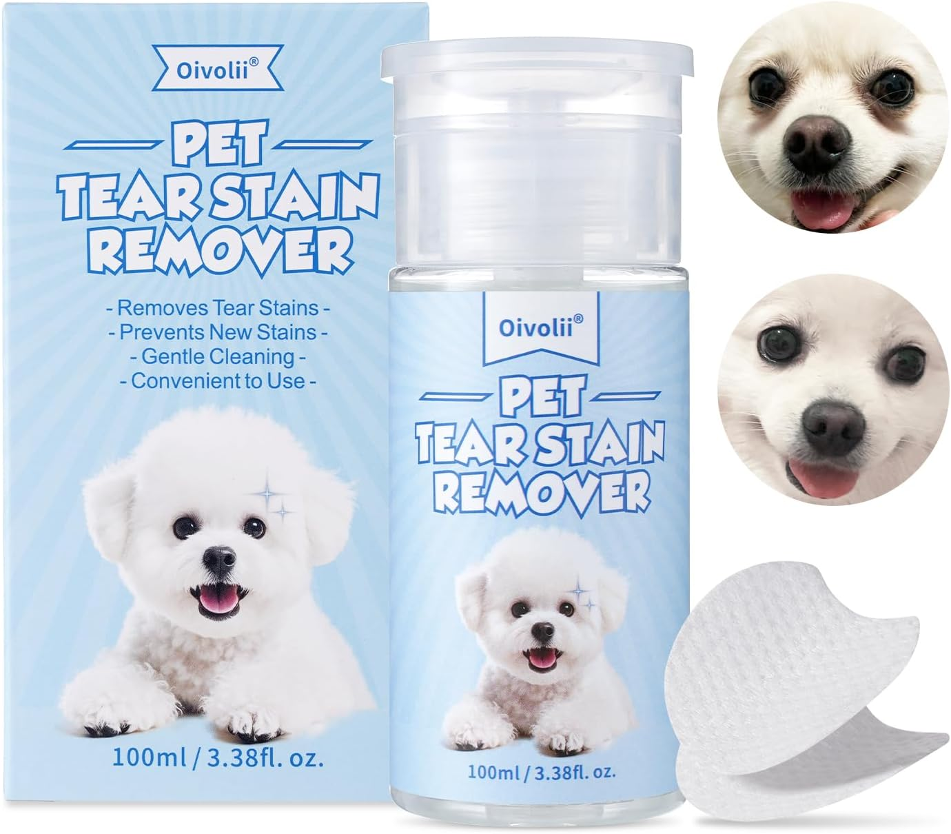 Natural Tear Stain Remover for Dogs and Cats 100 Ml, Eye Cleaning Pads Pack of 50 - Gentle, Safe & Non-Irritating Formula Effectively Removes Tear Stains, Eye Secretions, Discharge and Mucus image number 1