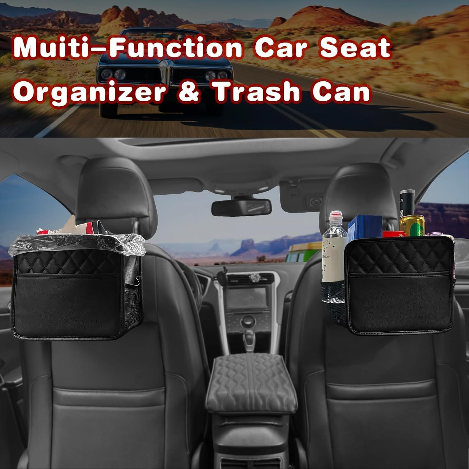 Coehaopike Car Seat Back Hanging Bag - Convenient Car Document Holder with Multi-Pocket Storage for Bottles, Travel Tidy Pouch, and Kids（Black） image number 2