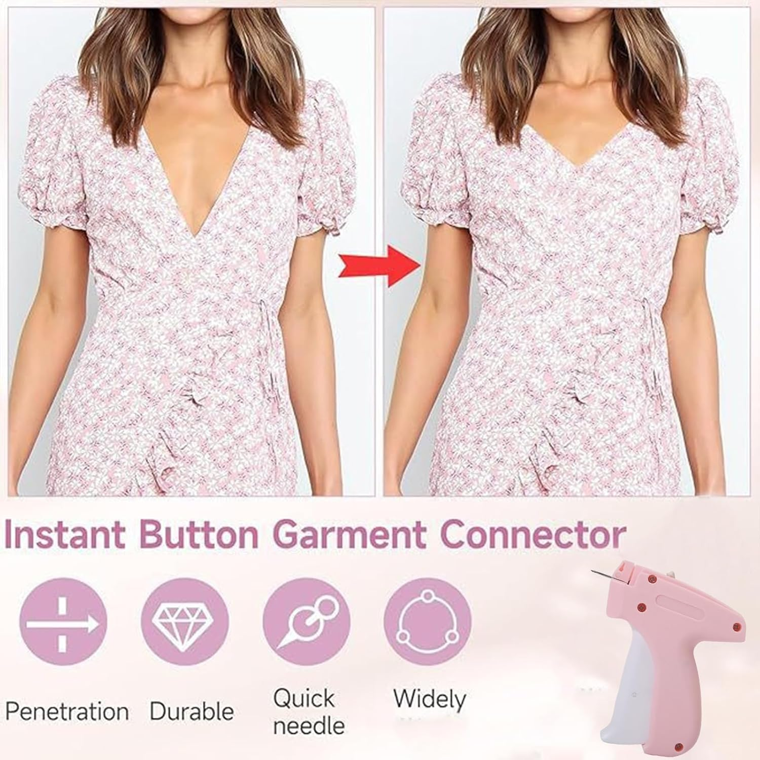 Stitch Gun for Clothes, 5 Needle Handheld Stitch Gun Quick Clothing Fixer Tagging Gun Hand Sewing Machine with 1000 Black Fasteners and 1000 White Fasteners for Sewing Hemming Quilting (Pink) image number 1