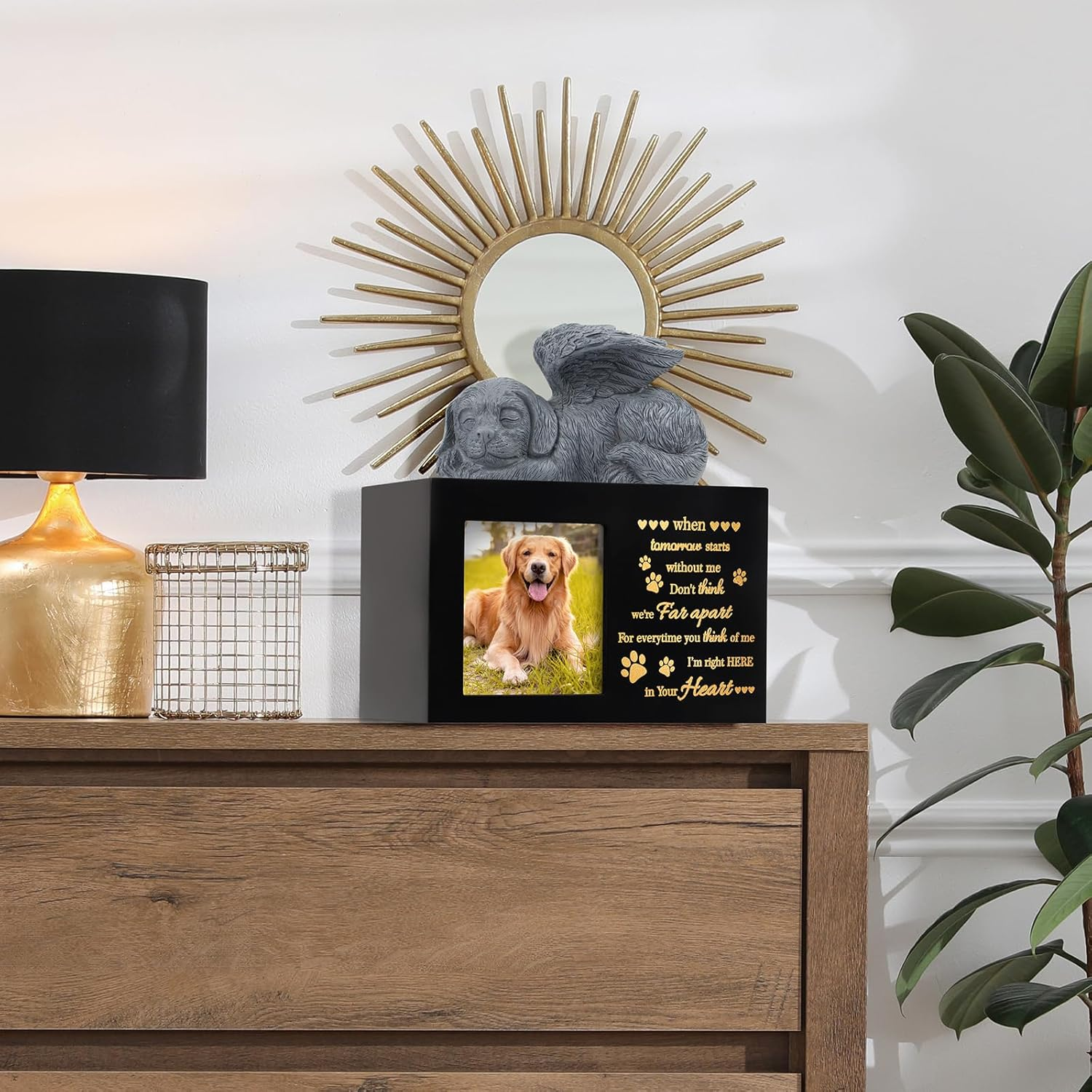LPREUTWN Pet Urns for Ashes, Large Wooden Pet Urns for Dog or Cat Ashes with Dog Angel, Memorial Keepsake Memory Box with Photo Frame, Loss Pet Sympathy Remembrance Gift (Black) image number 2