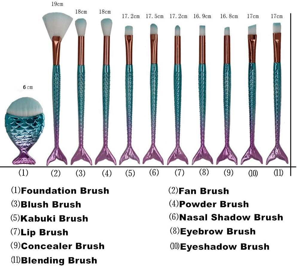 WEZCHUGHAOL 11Pcs Mermaid Makeup Brushes, Premium Synthetic Foundation Powder Concealers Mermaid Makeup Brush Makeup Brush Eyeshadow Eyeliner Blush Brush Soft Nylon Bristle Foundation Cream Eyebrow Eyeshadow Eyeliner Blush Concealer image number 6