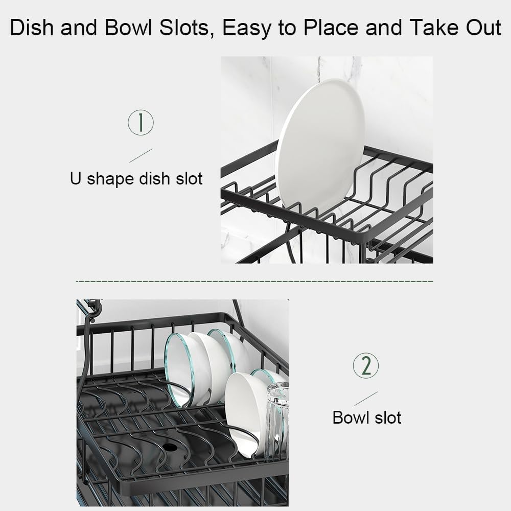 2 Tier Dish Drying Rack, Stainless Steel Dish Rack with Rotating Drainer Board, Durable Large Plate Rack with Cutlery Holder and Cup Rack for Kitchen Storage & Organisation (Black-02) image number 1