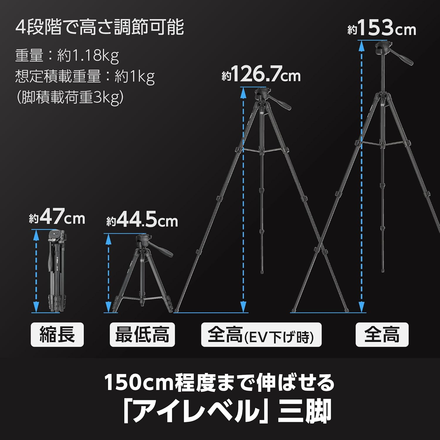 Velbon 301482 Family Tripod EX-440 4-Stage Lever Lock, Total Height 60.2 Inches (153 Cm), Leg Diameter 0.8 Inches (20 Mm), Small Size, 3-Way Head Head, Compatible with DIN Standard Quick Shoes, image number 1