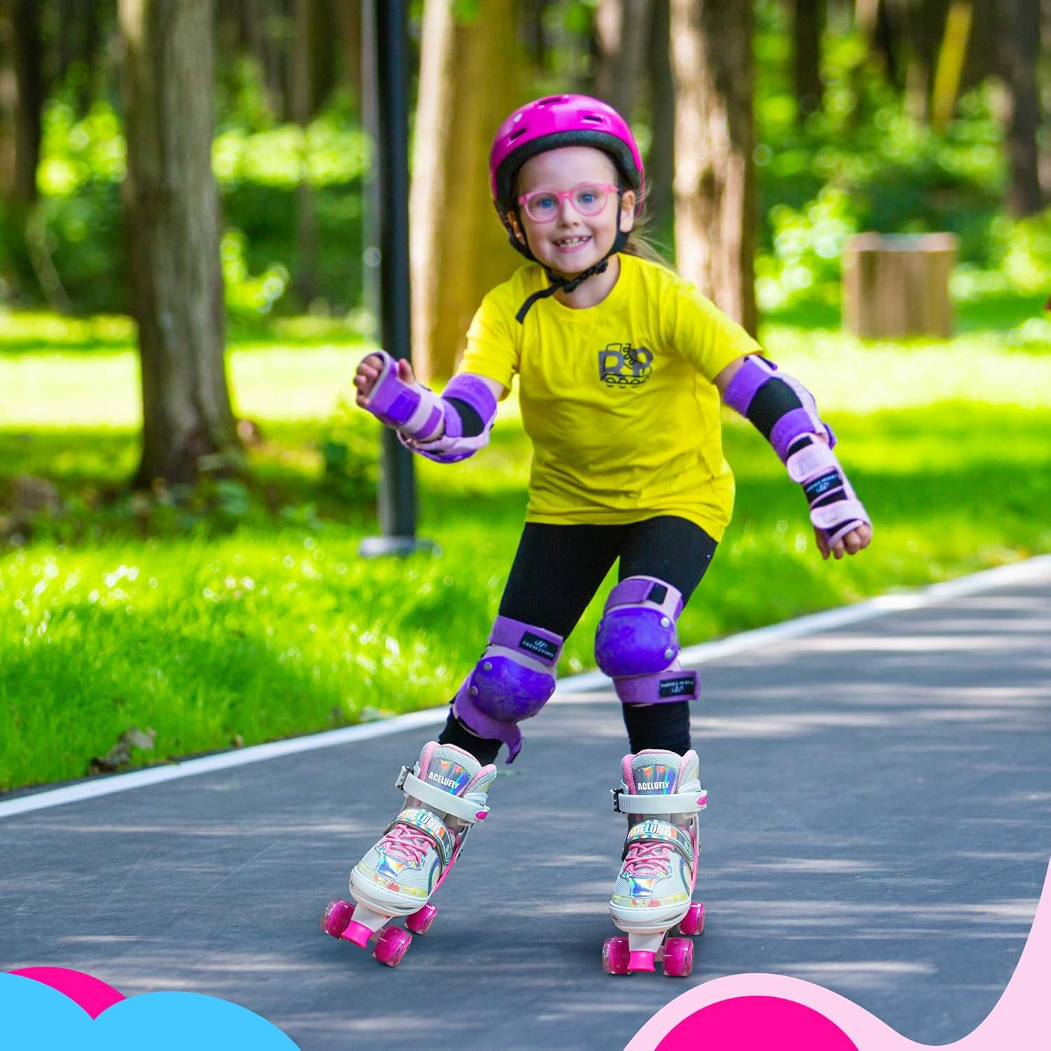 Acelufly Roller Skates for Girls Kids Beginners, Adjustable Quad Skates with All Light up Wheels image number 1
