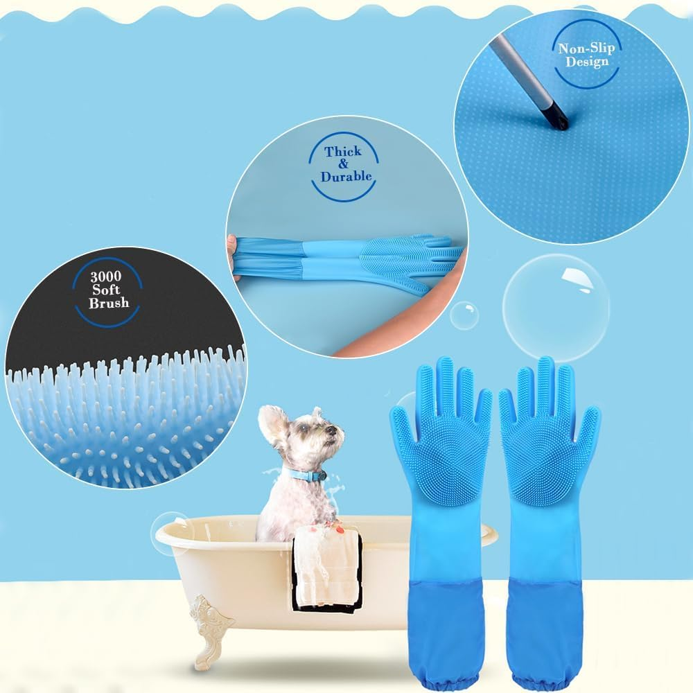 Pet Grooming Gloves Pet Hair Remover Cat, Dog Washing Gloves Silicone Heat Resistant Cleaning Gloves with High-Density Teeth Grooming Gloves for Dogs, Cats, Horses (2 Pairs - Blue & Gray) image number 5