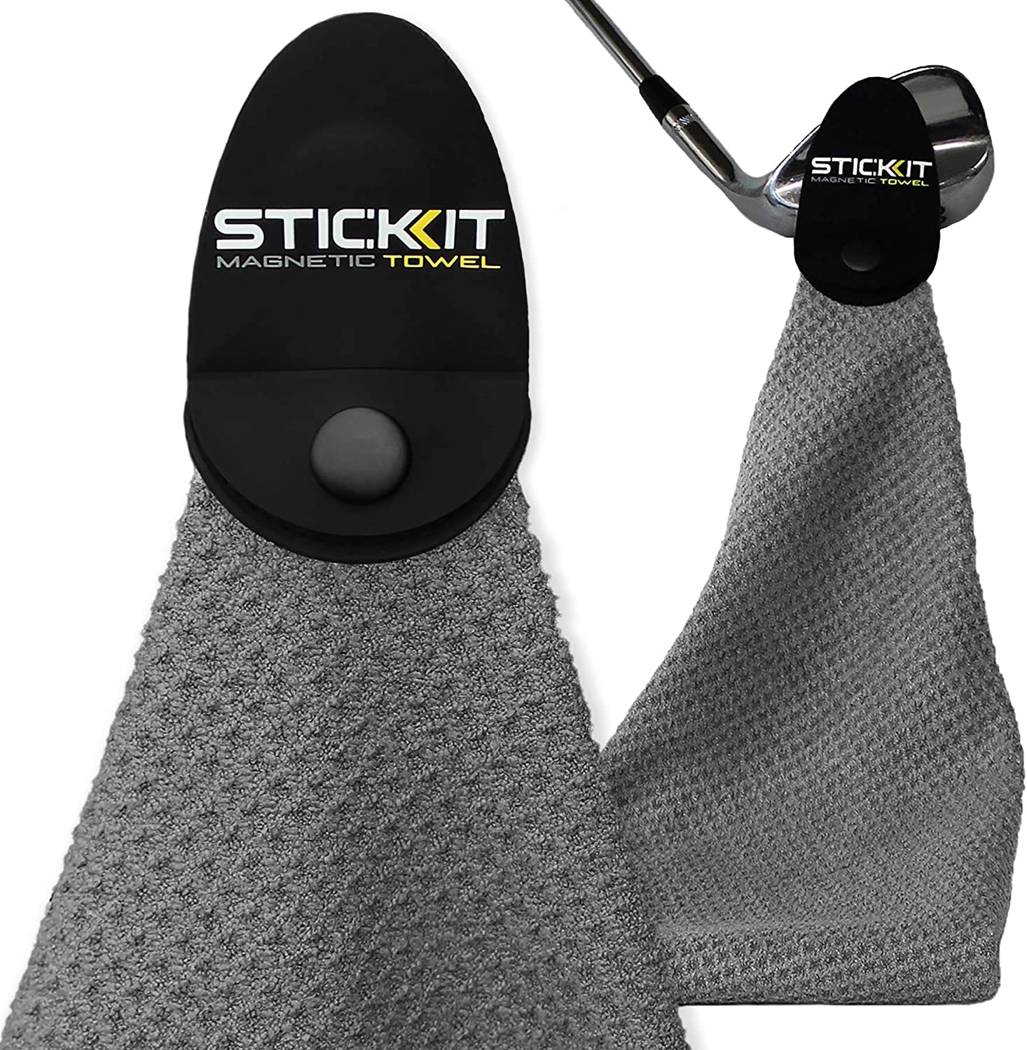 STICKIT Magnetic Golf Towel, Black | Top-Tier Microfiber Golf Towel with Deep Waffle Pockets | Industrial Strength Magnet for Strong Hold to Golf Carts or Clubs