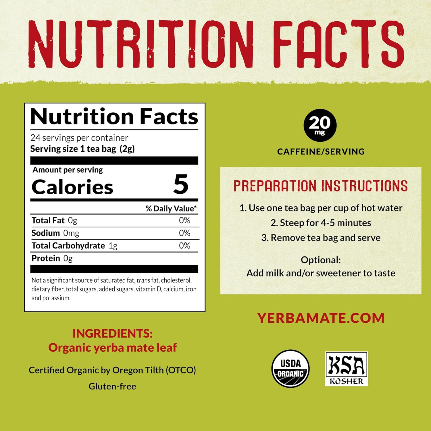 ECO TEAS Organic Yerba Mate Unsmoked Green Tea - 24 Bags image number 1