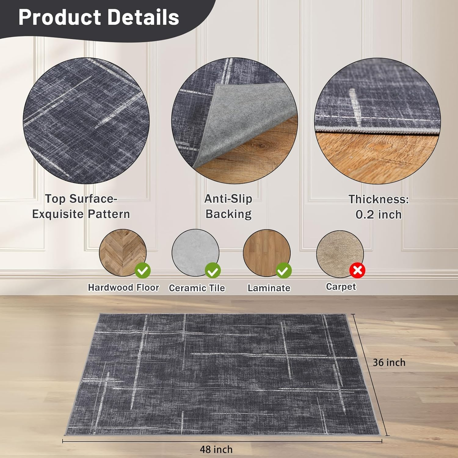 Office Chair Mat, Xinm 100 * 120Cm Anti-Slip Desk Chair Mat for Rolling Computer Chair Hard Floor Low Pile Carpet Floor Protector for Home Office, Easy Glide and Flat without Curling- Black image number 2