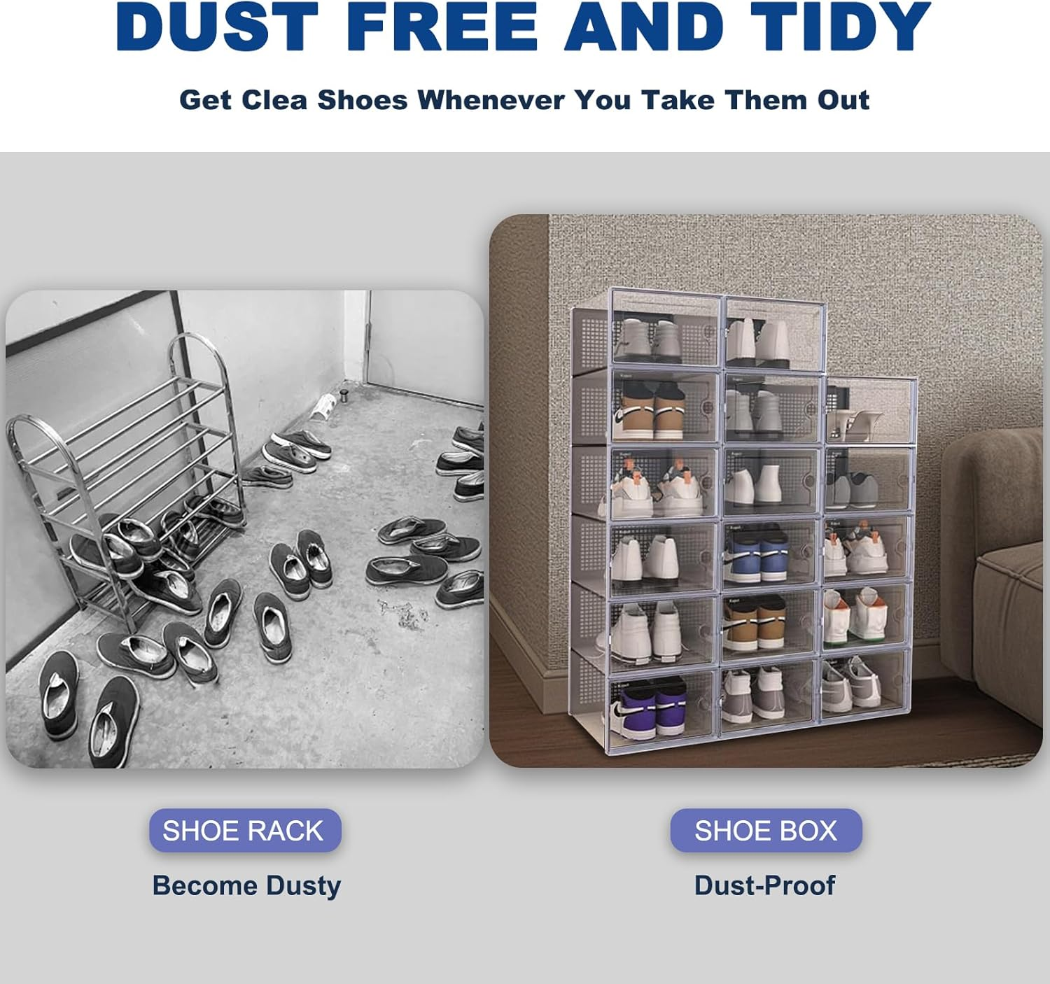 Stusgo Large 15 Pack Shoe Storage Box, Clear Shoe Box Plastic Stackable Shoe Organizer for Closet, Space Saving Foldable Shoe Rack Sneaker Container Bin Holder 15(33X 24X14Cm) image number 4