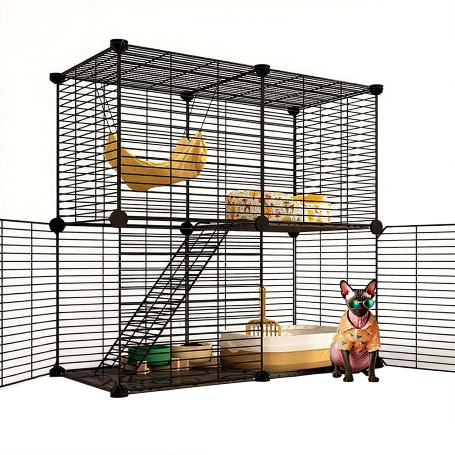 2-Tier Cat Cage, DIY Metal Wire Mesh Grid Density Detachable Pet Kennel Crate House for Small Animals, Kitty, Puppy, Rabbits Drying Box Dog Room image number 6