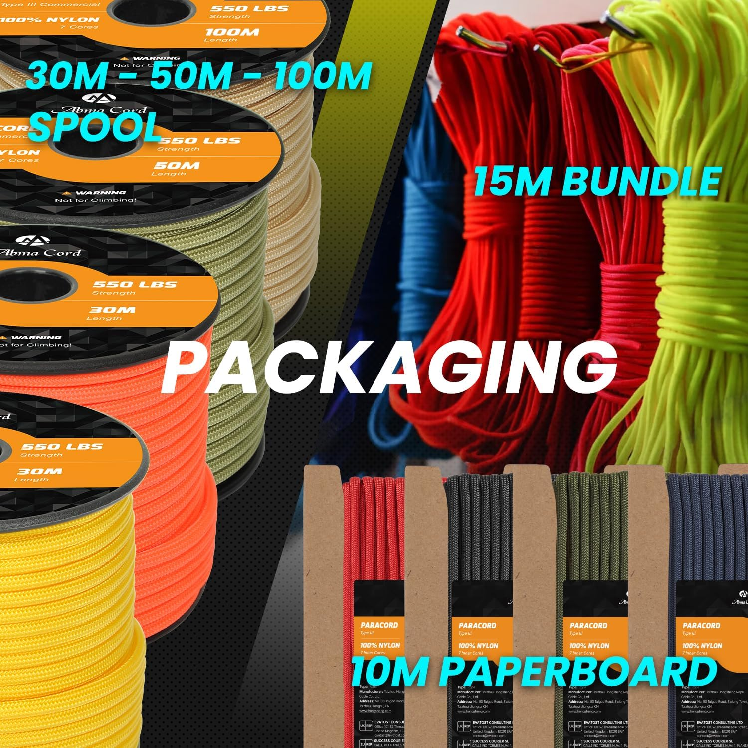 Abma Cord Paracord 550 4Mm 30M 100% Nylon Rope Type III 7 Strands Parachute Cord for DIY, Camping, Survival, Outdoor - Max. 250Kg - Black - Black image number 3