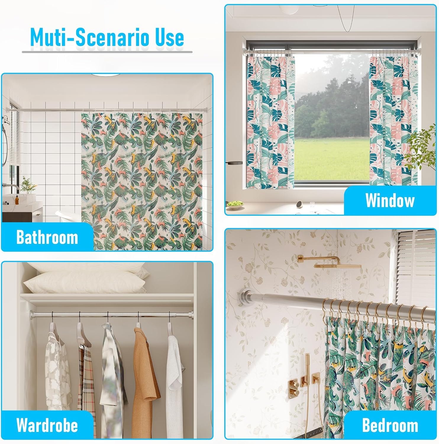 Shower Curtain Rod No Drill，80-155Cm Adjustable Curtain Rod，Stainless Steel Curtain Rod for Bathrooms, Wardrobe, Window，Non Slip, No Rust, No Drill,Brush Nickel