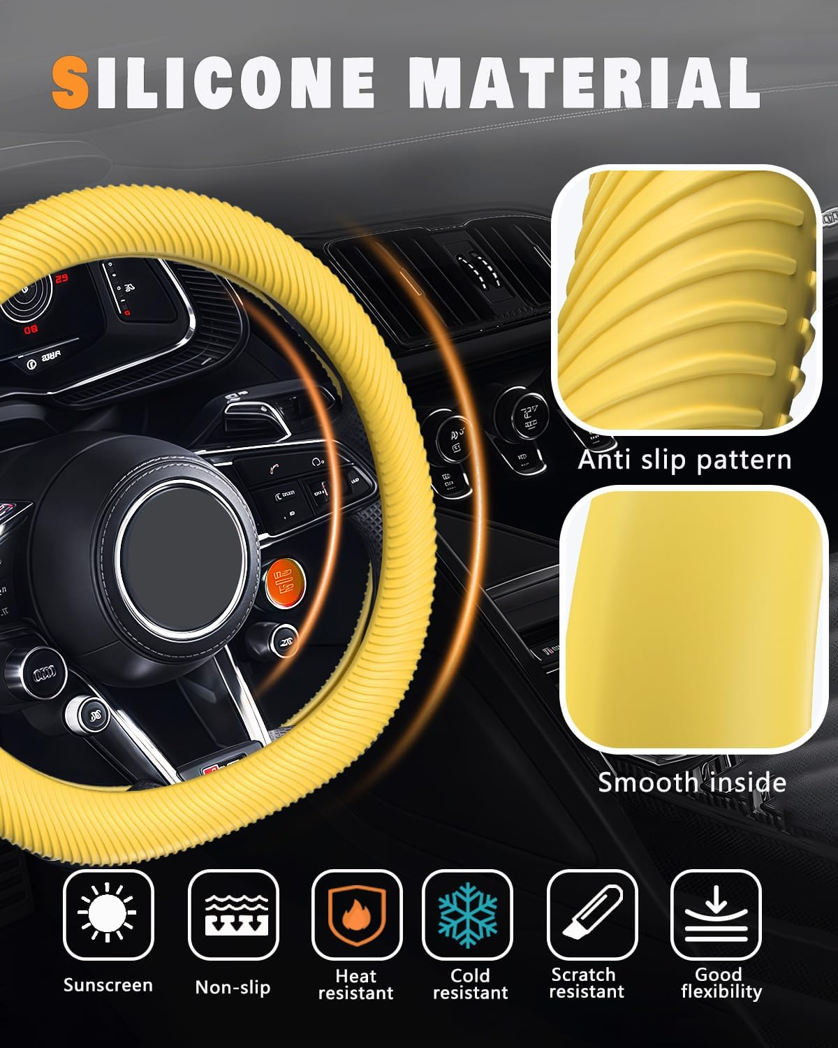 WOCOCN Car Steering Wheel Cover, Thin Anti-Skid Silicone Steering Wheel Cover for Men & Women, Universal Automotive Interior Accessories for Most Cars (Bright Yellow) image number 6