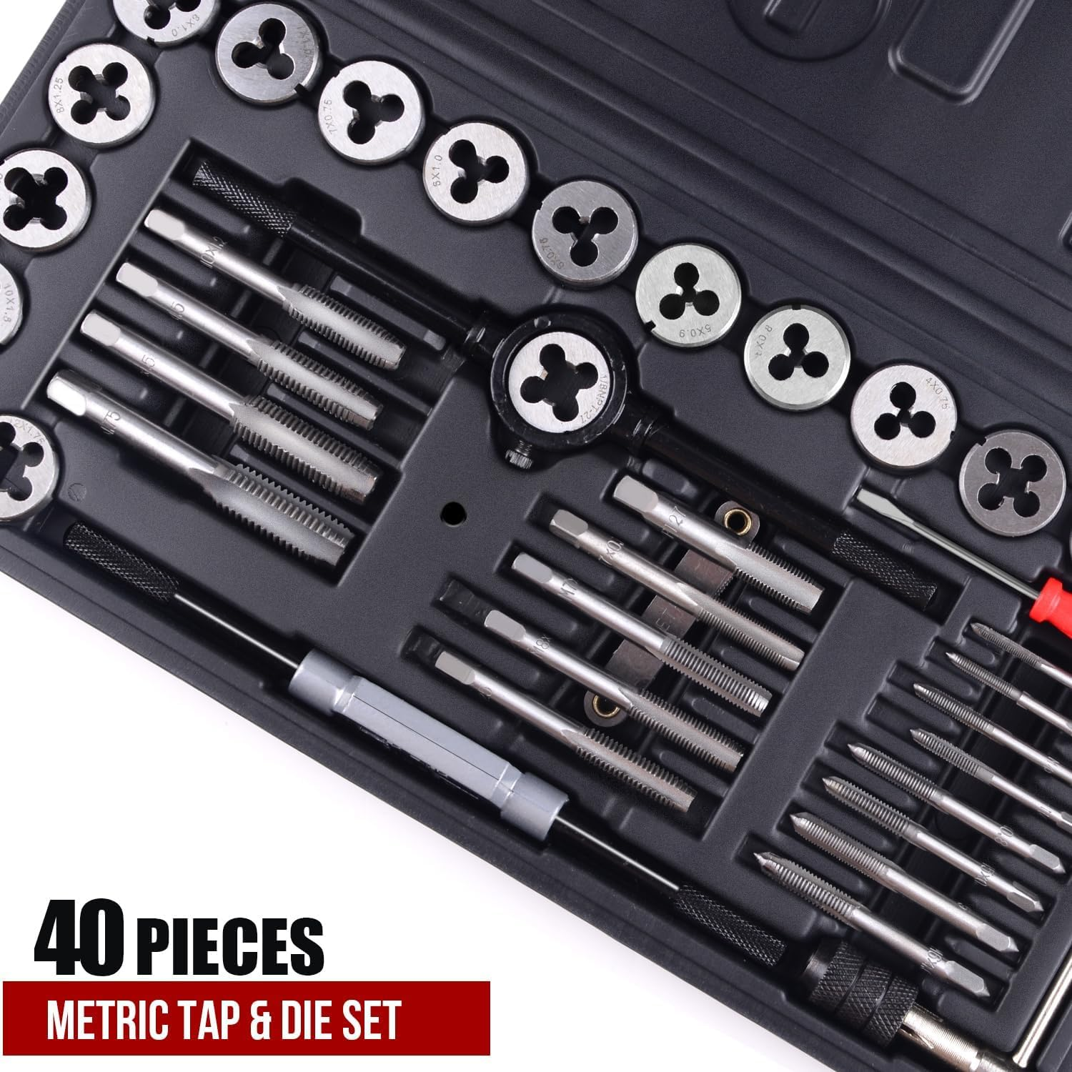 TOPEX 40 Pcs Metric Tap and Die Set Screw Thread Drill Kit Pitch Gauge M3-M12 image number 1