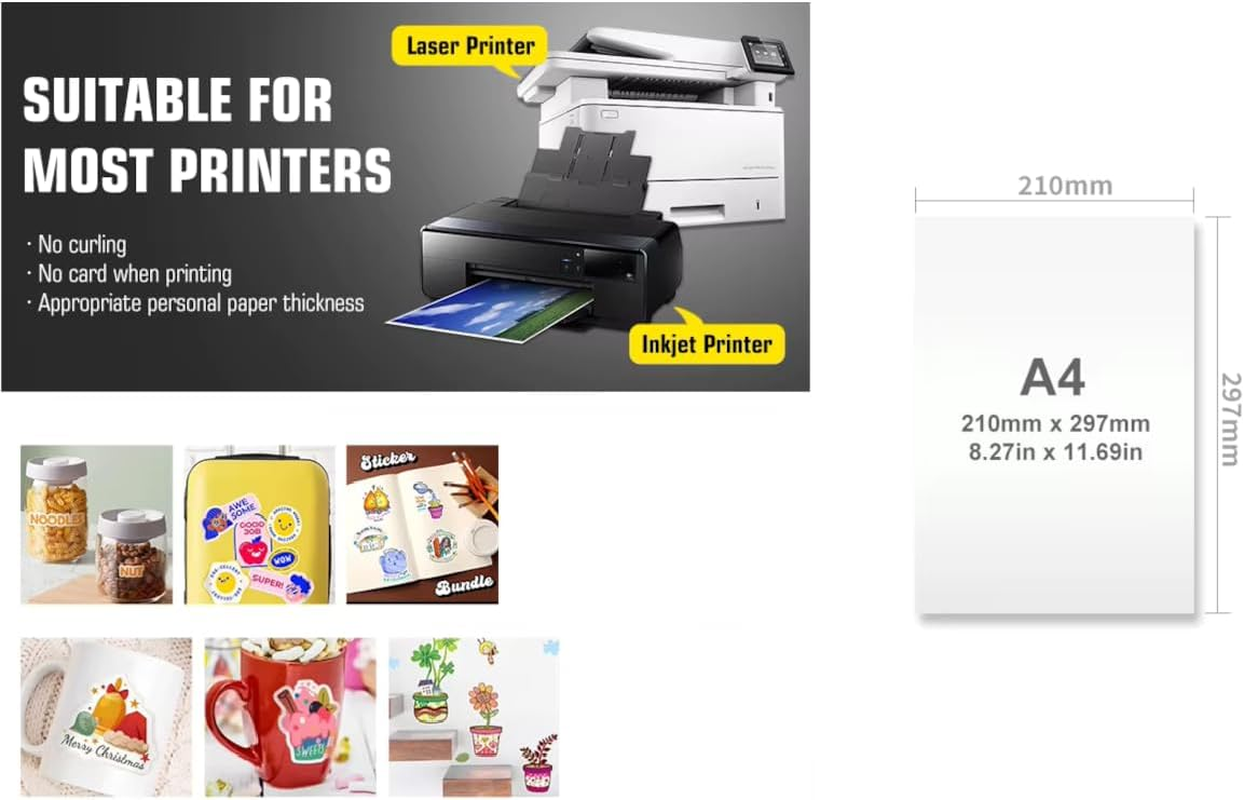 TRI ZONE Printable Vinyl Sticker Paper for Laser or Inkjet Printer, Glossy White, Waterproof, Tear Resistant, Self-Adhesive A4 Sheets, Premium Address Label Stickers, Quick Dry Vivid Colors (25) image number 5