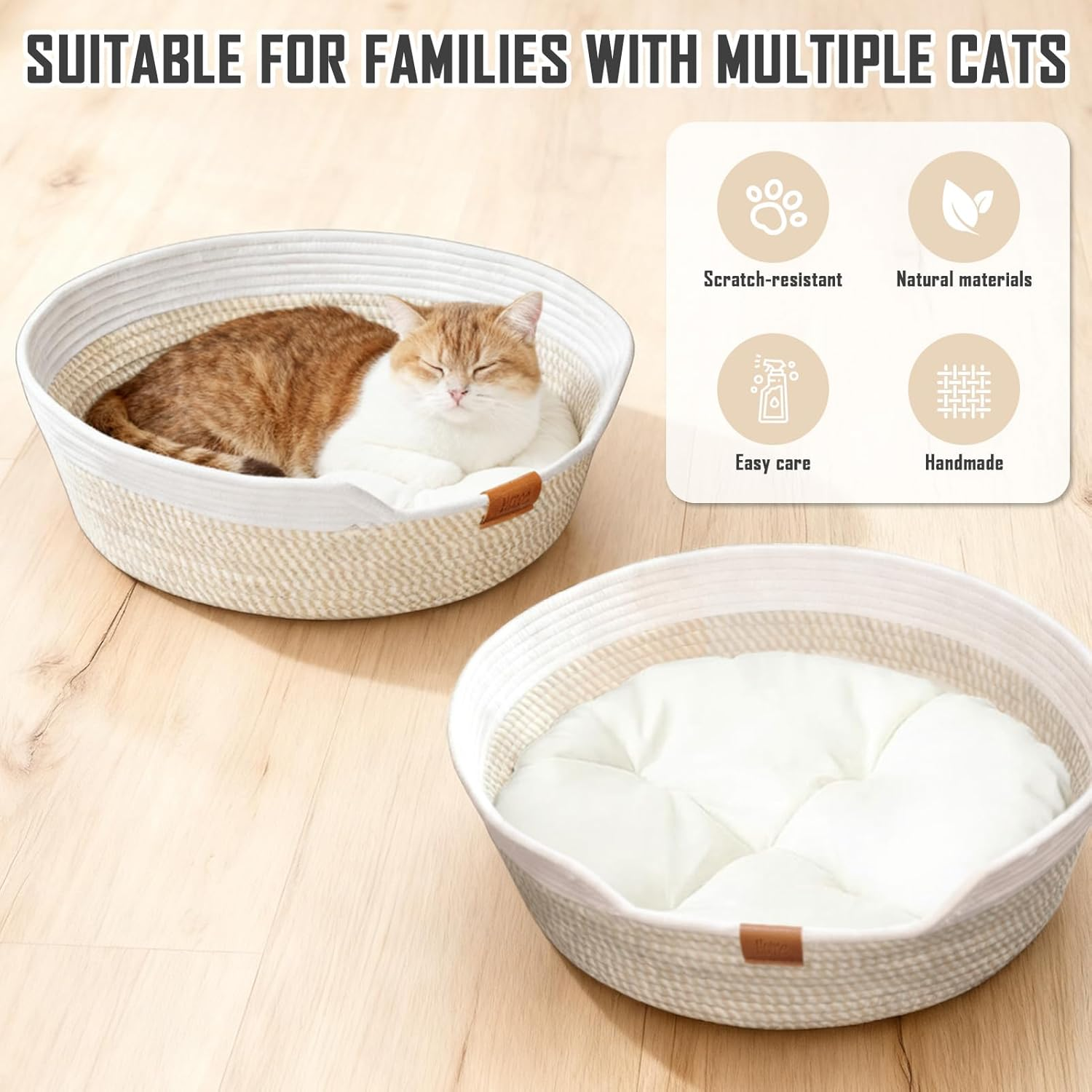 Yushengtai round Cat Bed, 50 Cm, Hand-Woven Basket Made of Cotton Ropes with Soft Cushion, Breathable and Washable for All Seasons, Ideal for Cats and Small Dogs, Beige image number 5