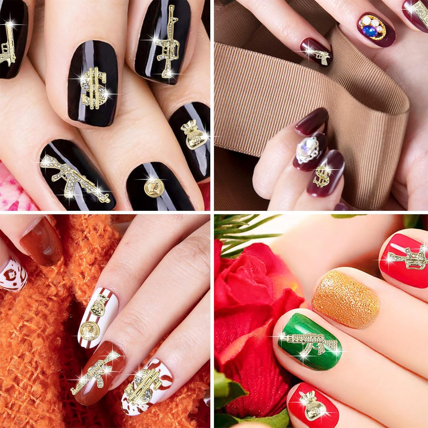 62Pcs 3D Nail Ornaments Gold Alloy Gun Dollar Shape Nail Decoration Accessories for Women Girls Manicure Design DIY Crafts image number 6