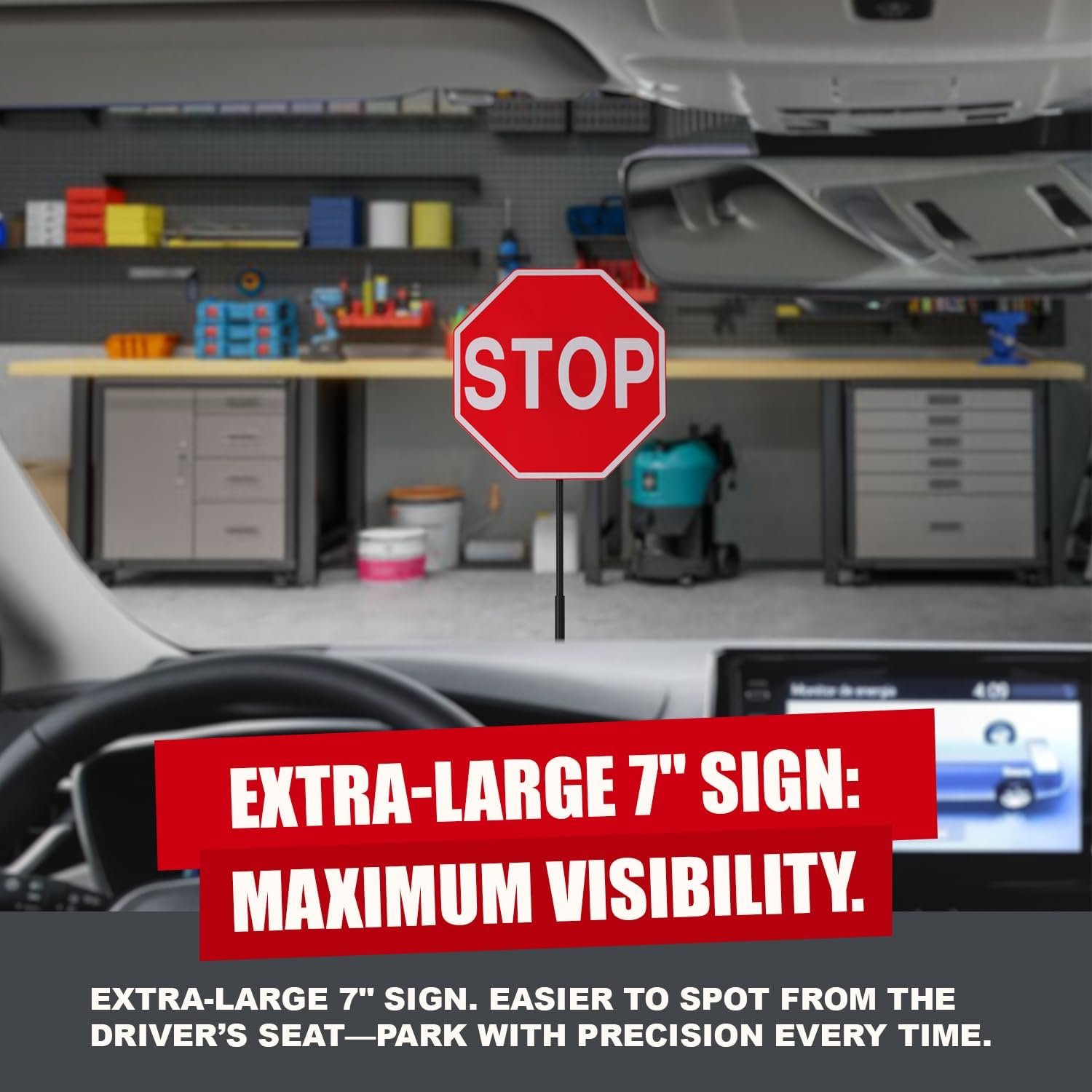 SECURITYMAN LED Stop Sign for Garage Parking Assist (2 Pack) - Stress Free - Large 7" Sign, Bright Red Leds, Adjustable Height (Up to 54") - Garage Car Stop Indicator That Lights up with Contact image number 3