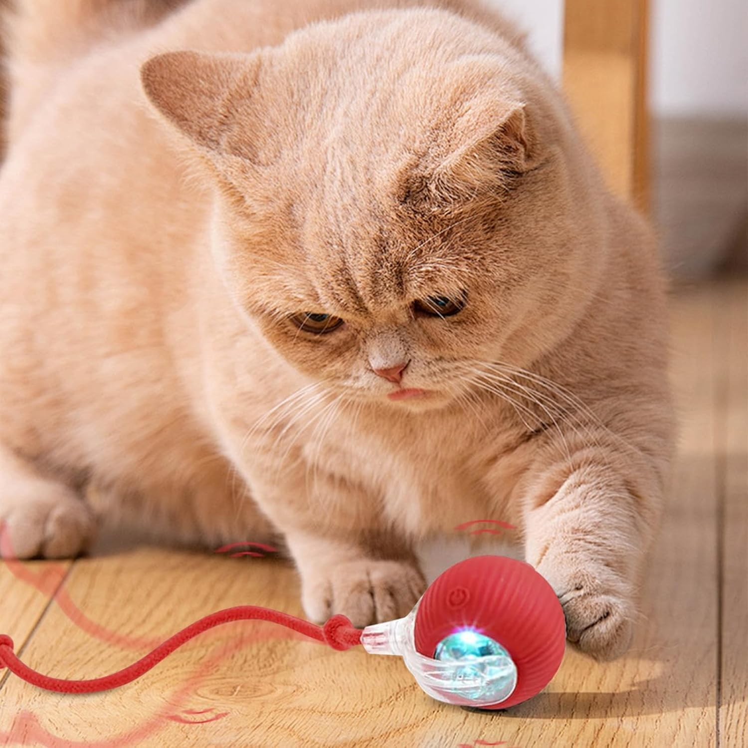 Interactive Electric Automatic Rolling Moving USB Rechargeable Self Activated Play Stimulation Toy Smart Chase Teaser Ball with Speedy Tail Rope for Bored Adult Indoor Cats and Dogs, Red image number 2