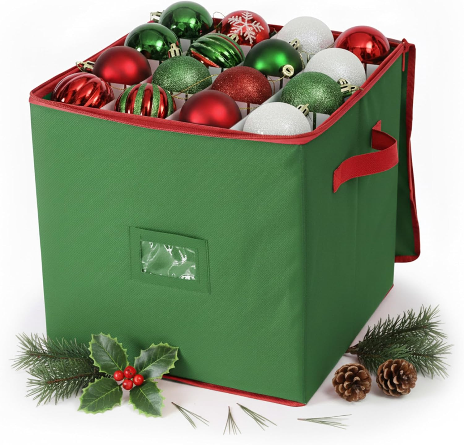 Relaxdays Christmas Bauble Storage Box, 64 Baubles, H X W X D: 33 X 33 X 33 Cm, Polyester, Cardboard, Ball Box, Green/Red image number 3