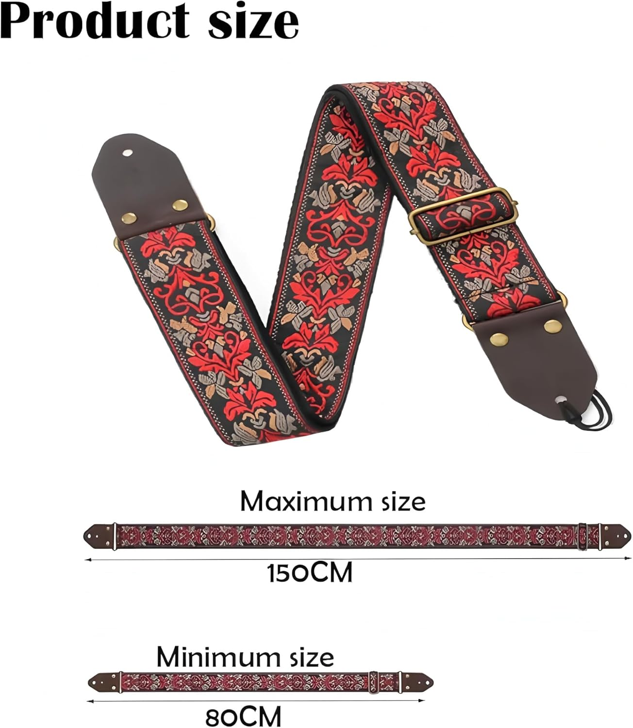 Leather Guitar Strap with Cotton Jacquard Embroidery - Adjustable for Bass/Electric/Acoustic Guitar, Padded Shoulder Support, Includes Strap Locks & Picks
