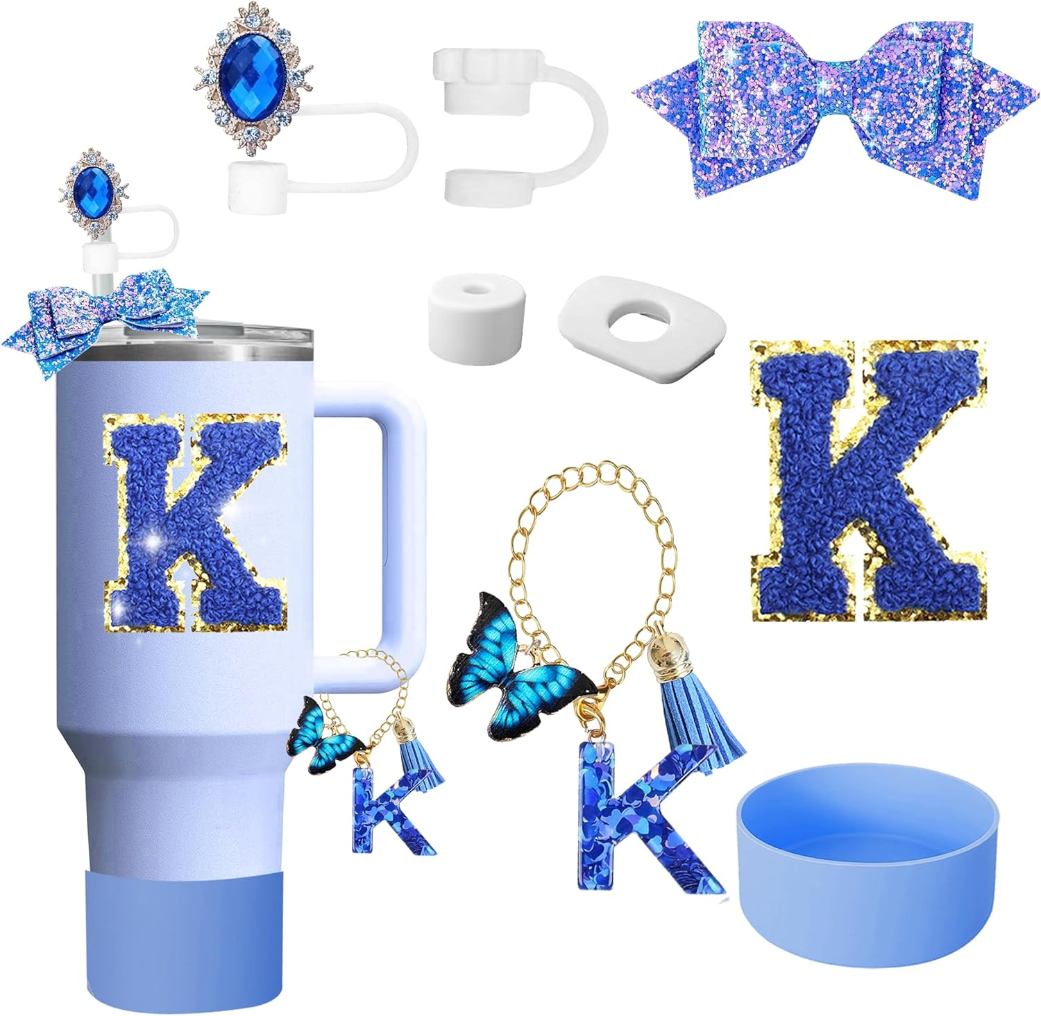 8-Piece Charms Silicone Stanley Cup Accessories Set Including Adorable Sparkling Bow Straw Topper, Protective Cup Boots, Anti-Spill Plugs, Decorative Handle, and Personalized Initial Stickers (S)